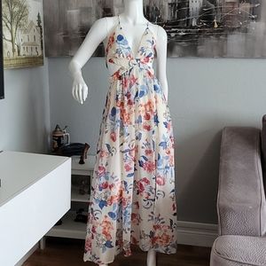 Floral Plunging V Neck Cut Out Strappy Maxi Dress